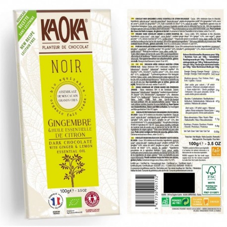 CHOCOLAT NOIR GINGEMBRE/CITRON 100G KAOKA