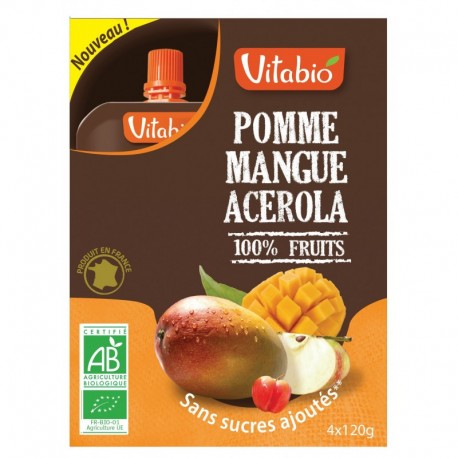 GOURDE 100% FRUITS POMME-MANGUE-ACROLA 4X120G VITABIO