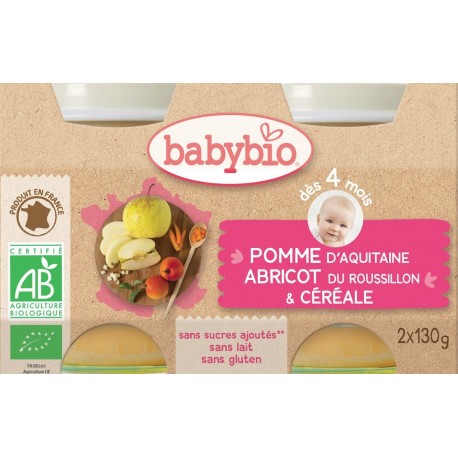 POT BEBE POMME ABRICOT CEREALE 2X130G 4 MOIS BABYBIO